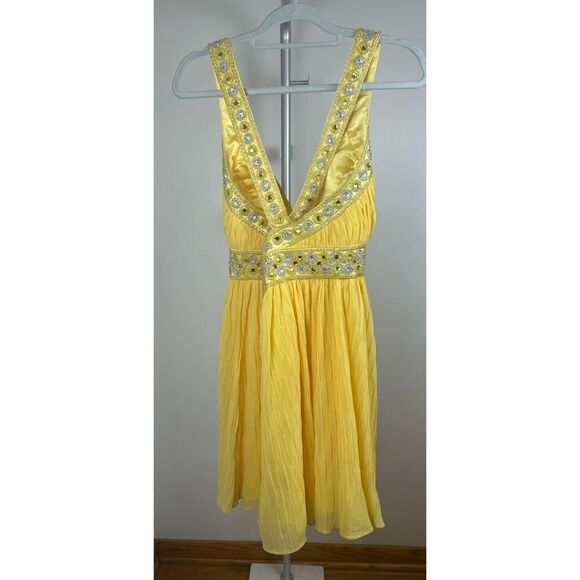 Y2K Yellow Beaded Sequins Sun Princess Flowy Dress Prom Formal Gown M - Picture 2 of 4